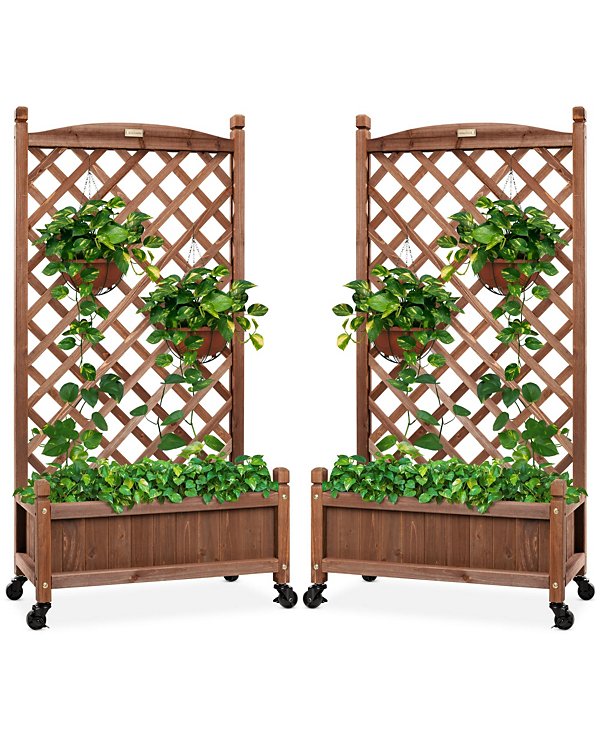 Set of 2 48in Wood Planter Box & Diamond Lattice Trellis, w/ Drainage, Optional Wheels - Walnut