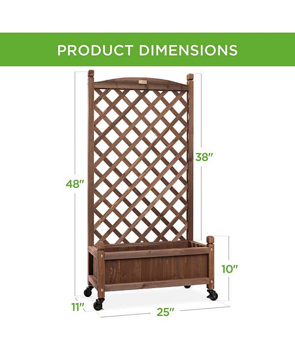 Set of 2 48in Wood Planter Box & Diamond Lattice Trellis, w/ Drainage, Optional Wheels - Walnut