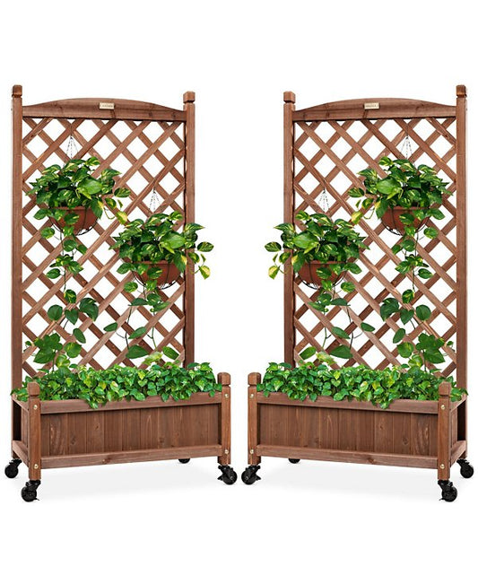 Set of 2 48in Wood Planter Box & Diamond Lattice Trellis, w/ Drainage, Optional Wheels - Walnut